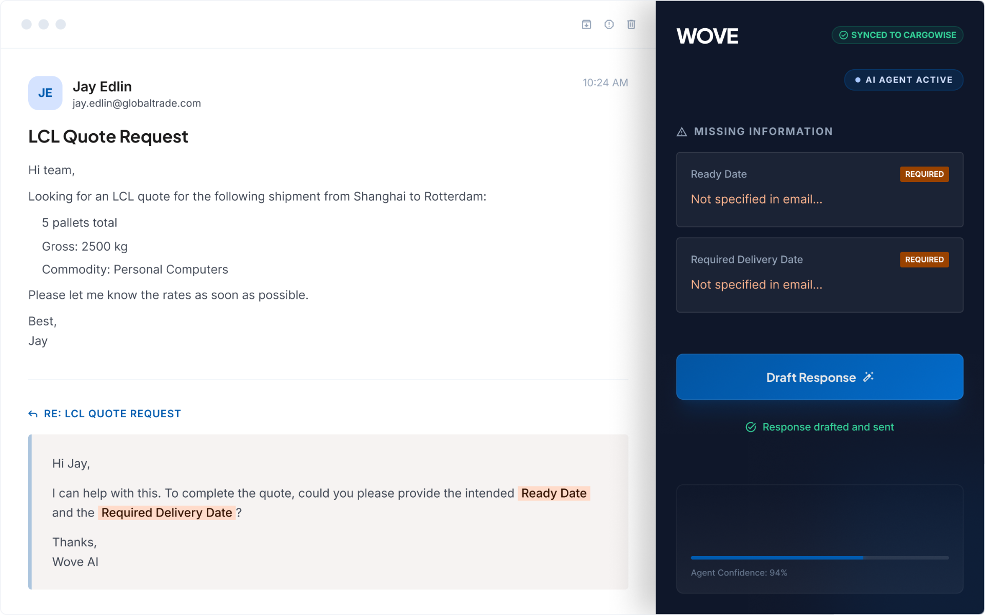 Wove automatically drafting a follow-up email to request missing shipment details