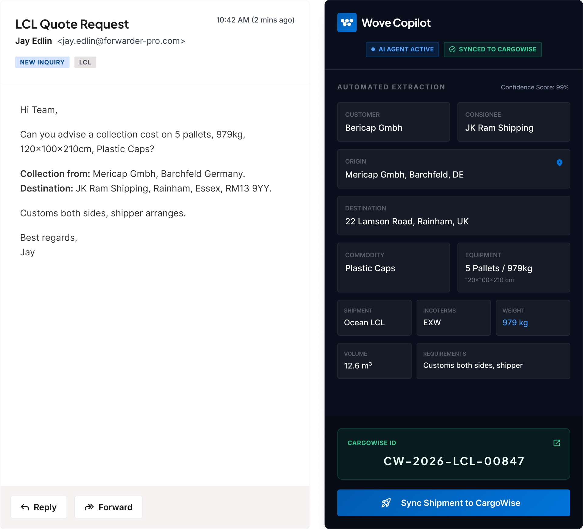 Wove Email Copilot automatically extracting shipment details from an email