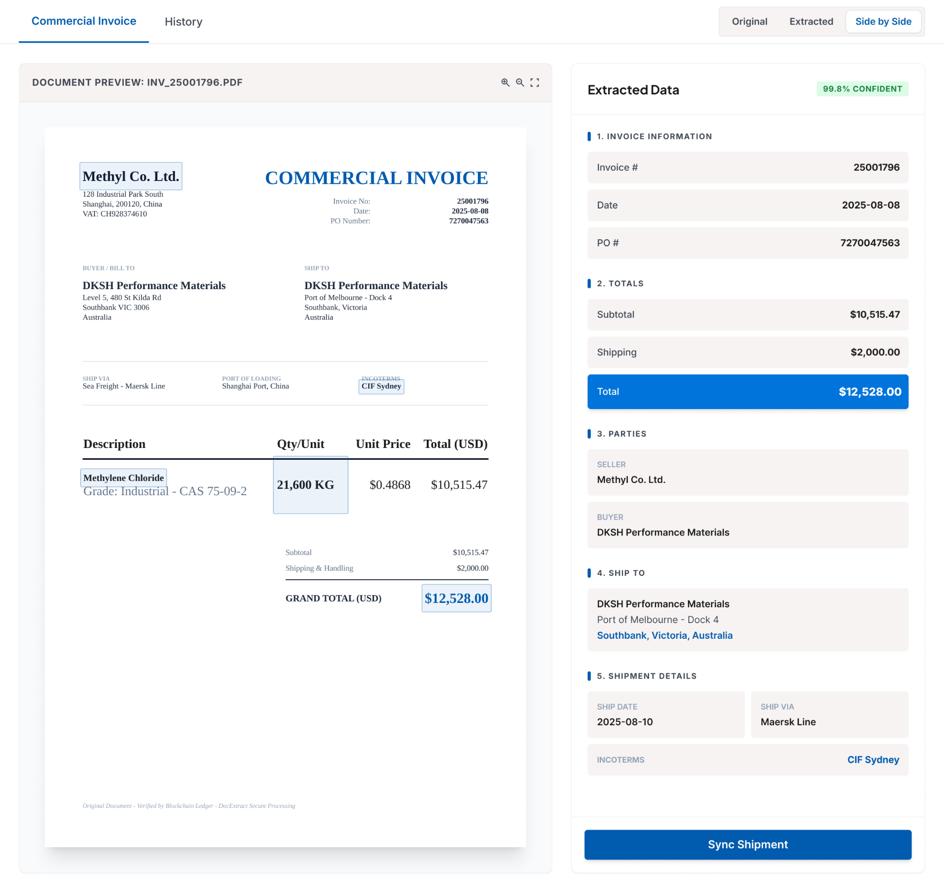 Wove commercial invoice extraction showing structured data output with 99.8% confidence